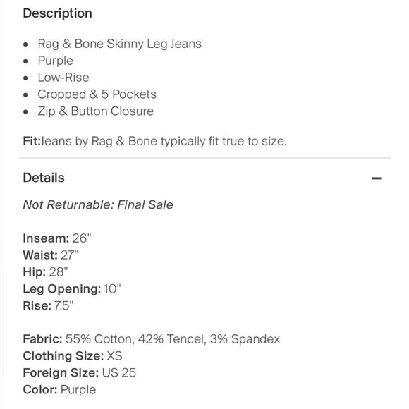 Purple Rag and Bone jeans XS size 25 perfectly distressed - Picture 3 of 4